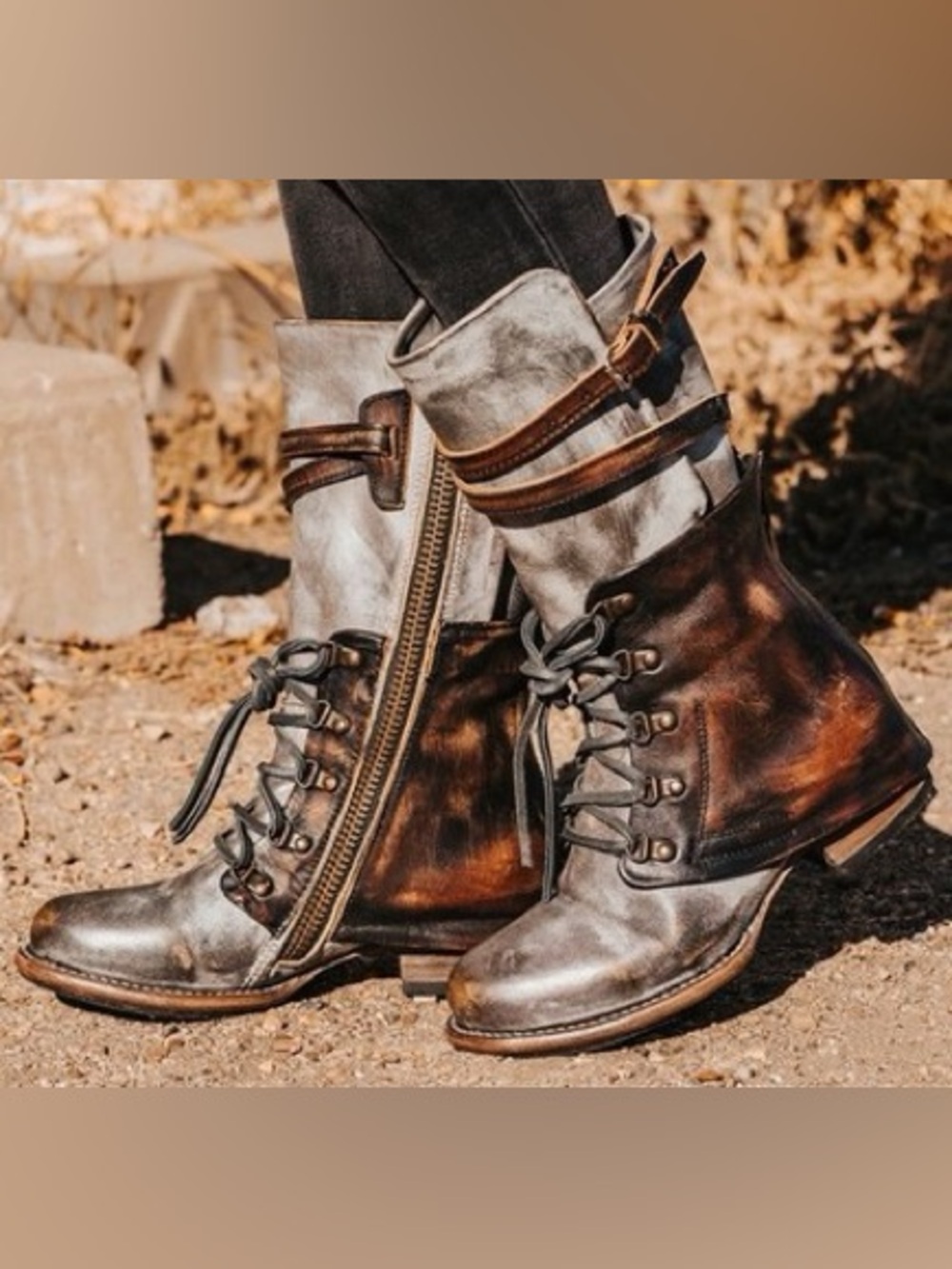 Freebird Ravi Two-Tone Brown & Gray Leather Lace-Up Ankle Boots size 8